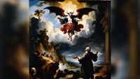 a painting of a demon flying over a man